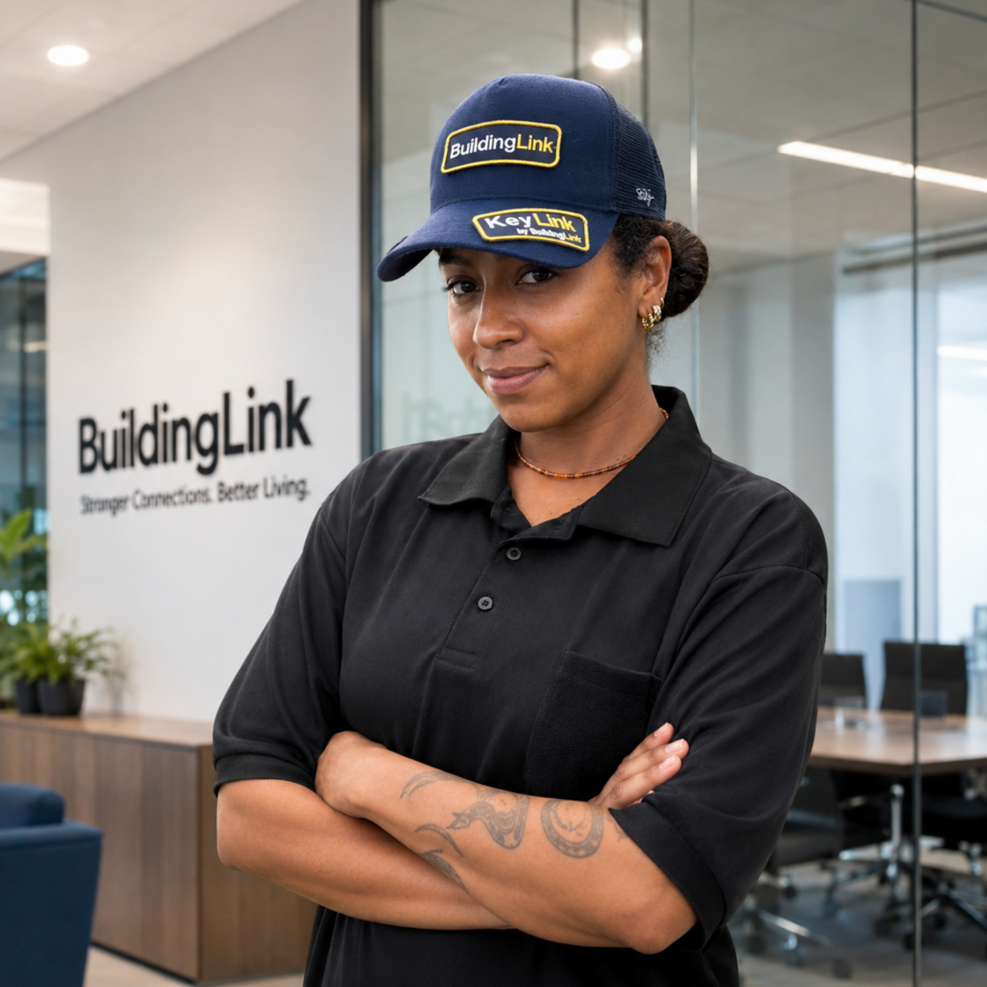 Corporate employee wearing a Stiky hat with BuildingLink branded removable patches
