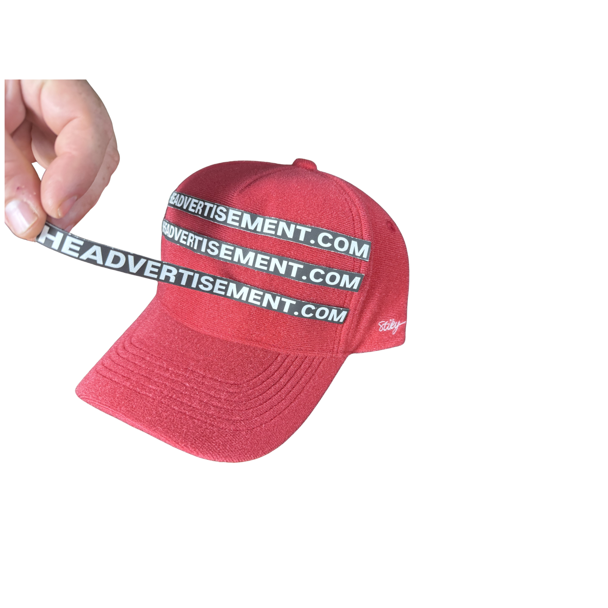 Red Stiky hat showing removable Headvertisement.com branded strips