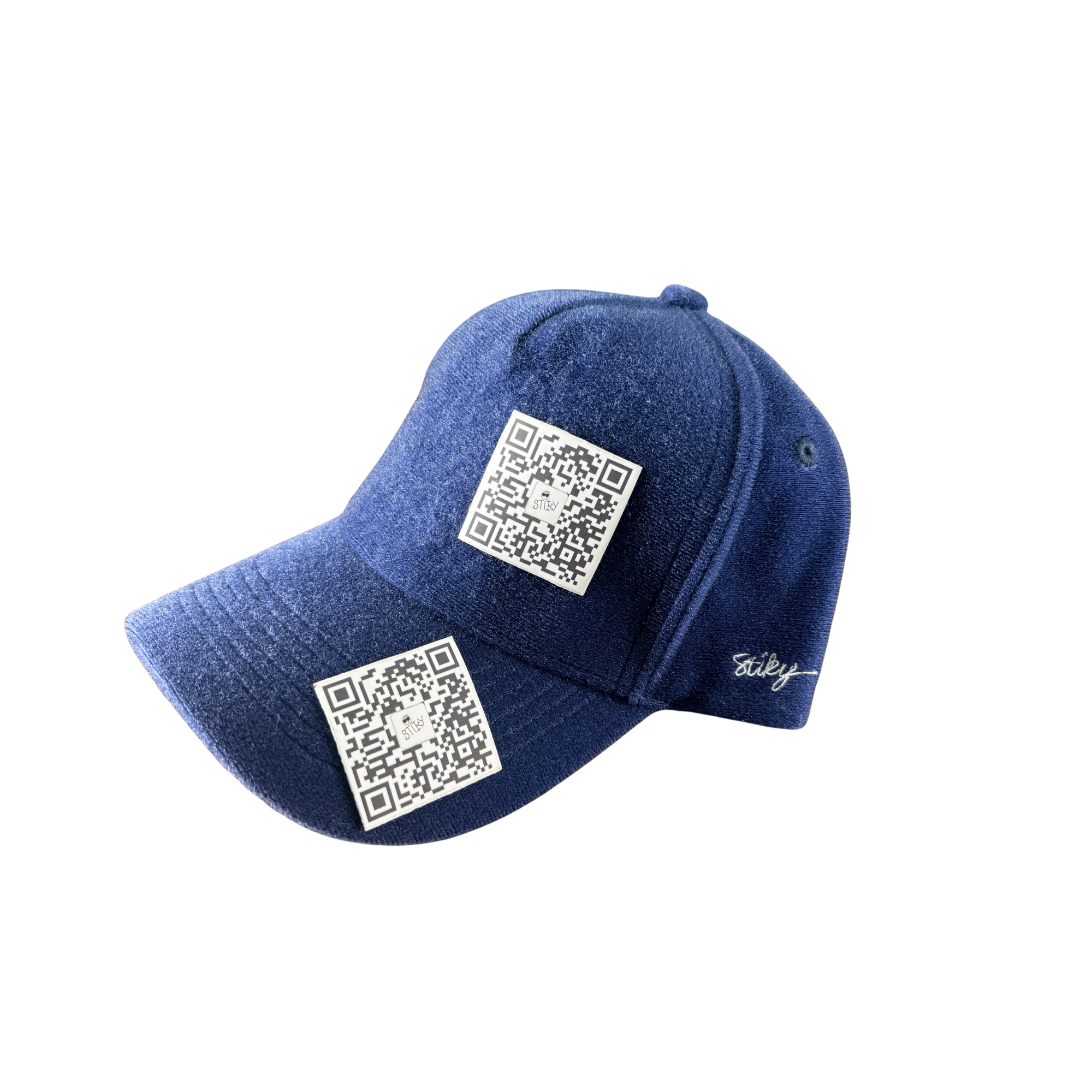 Blue Stiky hat with QR code patches on the front and brim